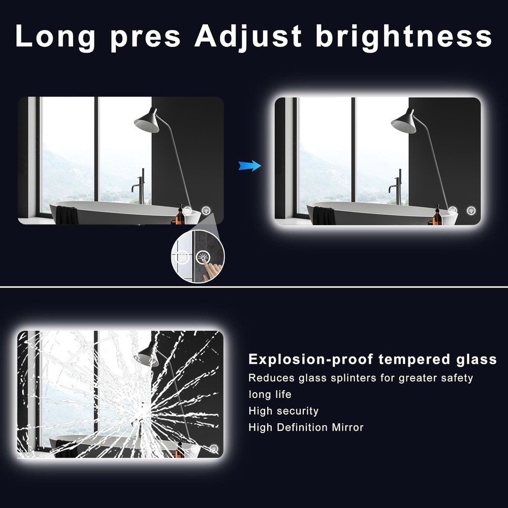 LED Anti-Fog Bathroom Mirror w/3 Color Temperatures, Memory Function & Backlight