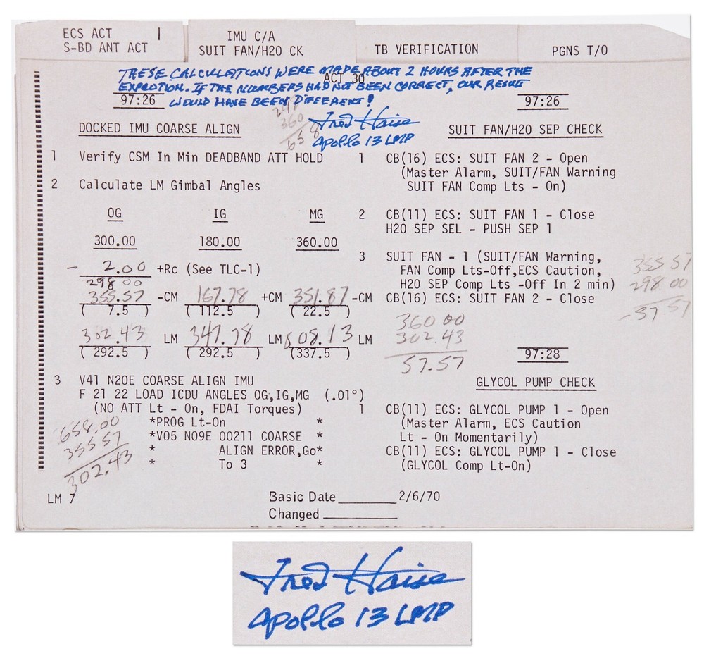 Fred Haise Signed Apollo 13 Flight Plan Notes