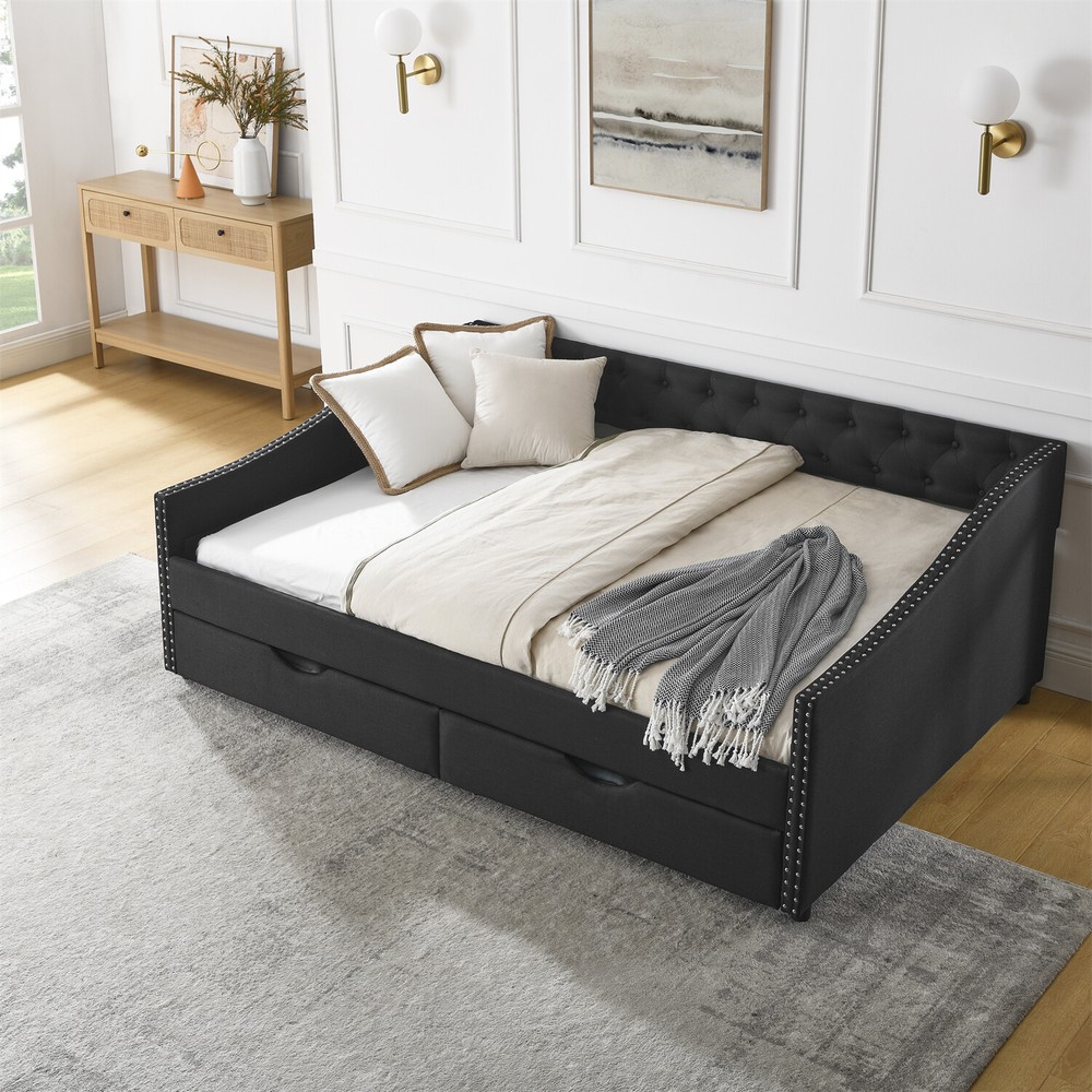 Full Size Daybed Upholstered Bed Frame Sofa Bed w/ 2 Storage Drawers US