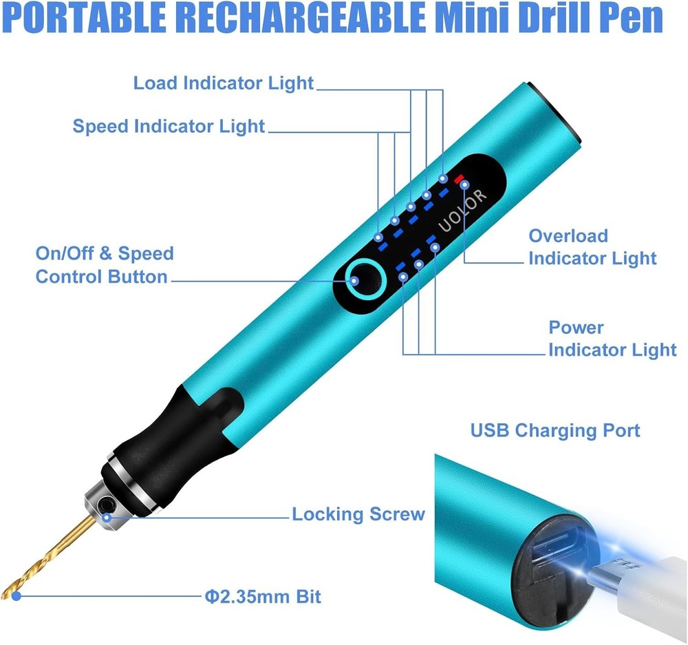 Cordless Mini Drill Pen 3 Speed USB Rechargeable Micro Drill Kit 10 Bits DIY