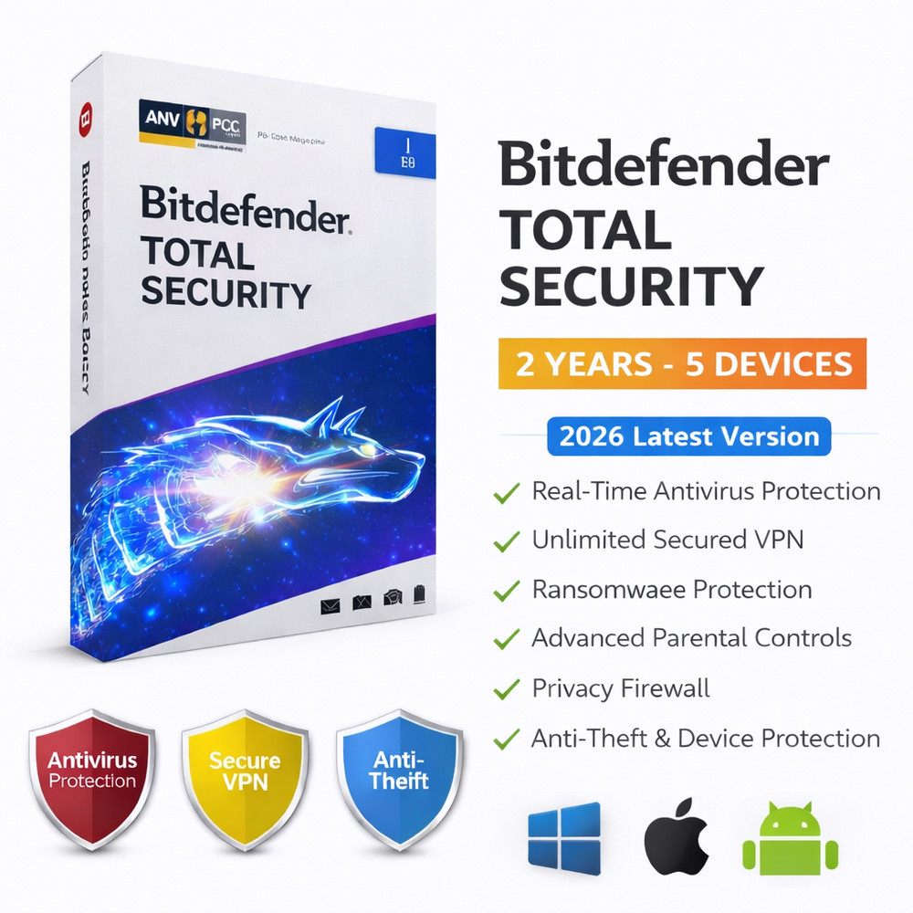 Bitdefender Total Security 2026 - 2 Years 5 Devices  (WINDOWS,MAC,ANDROID)