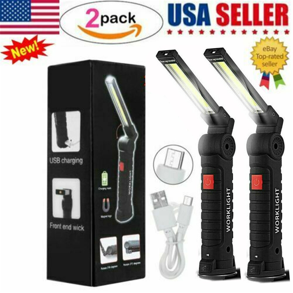 2x USB Rechargeable COB LED Work Light Magnetic Flashlight Hand Lamp Inspection
