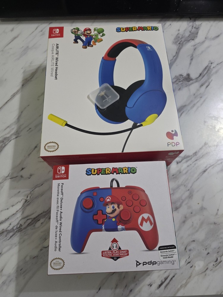 PDP Super Mario Wired AIRLITE Headset & Faceoff Deluxe+ Audio Controller Bundle