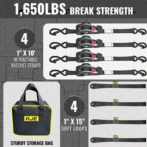 Retractable Ratchet Straps, (4) 1" x 10' Tie Down Strap + (4) Soft Loop -