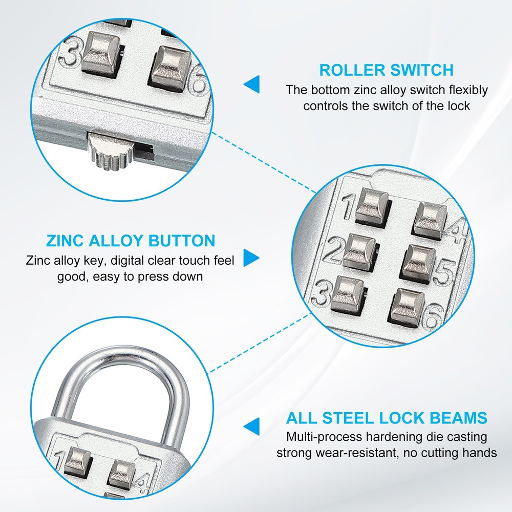 Push Button Combination Padlock 6-Digit 3-Position Lock Silver