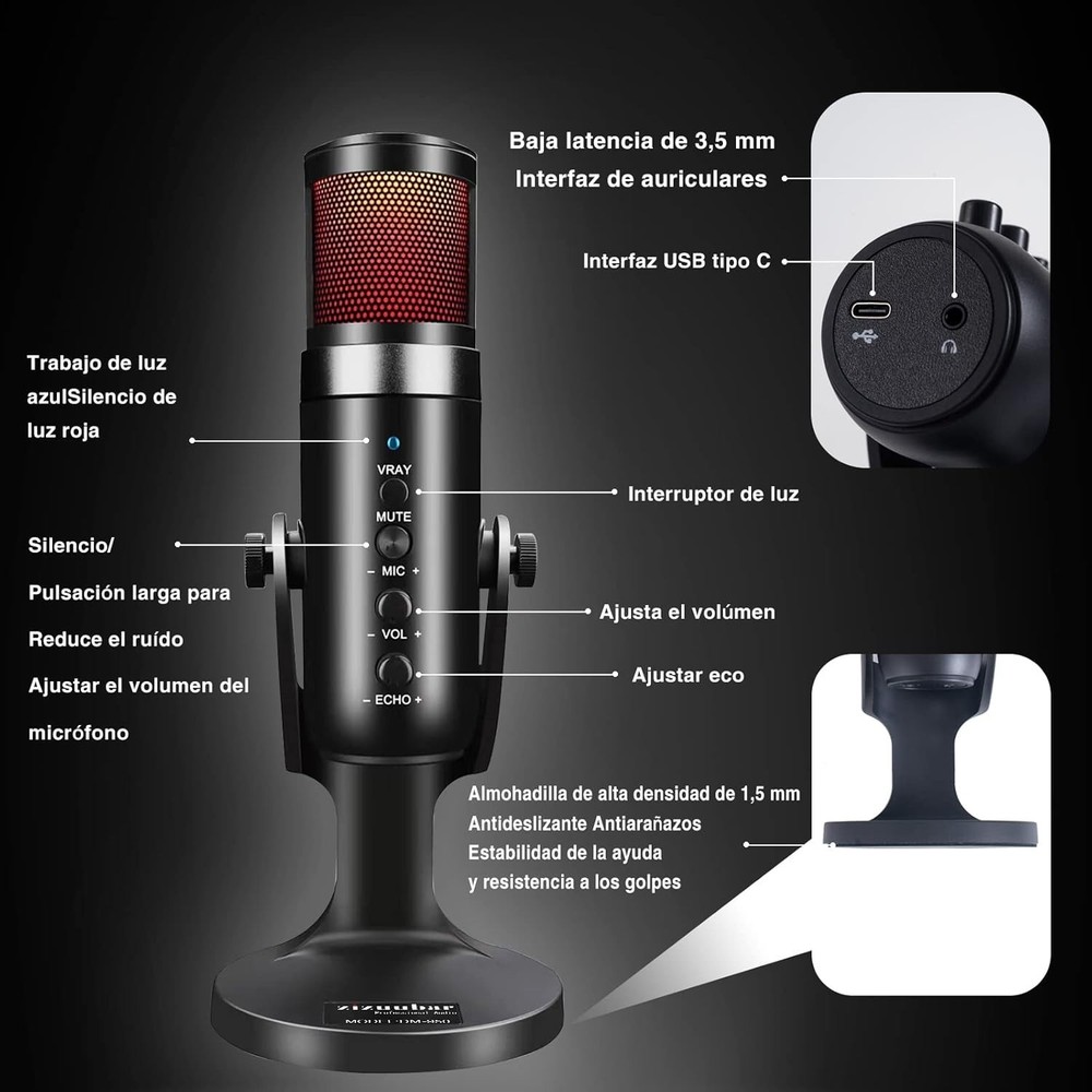 ZiZuuBar USB Microphone Desktop, Podcast Microphone, PC Gaming Mic