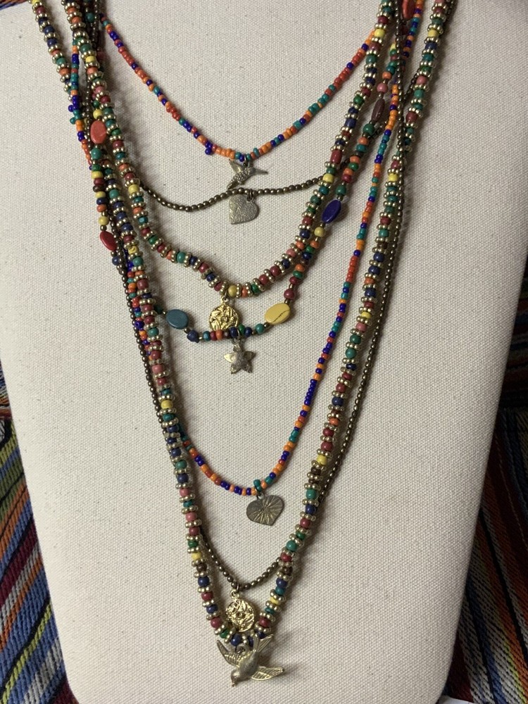 BOHO Wood Metal Glass Multi Strand Necklace