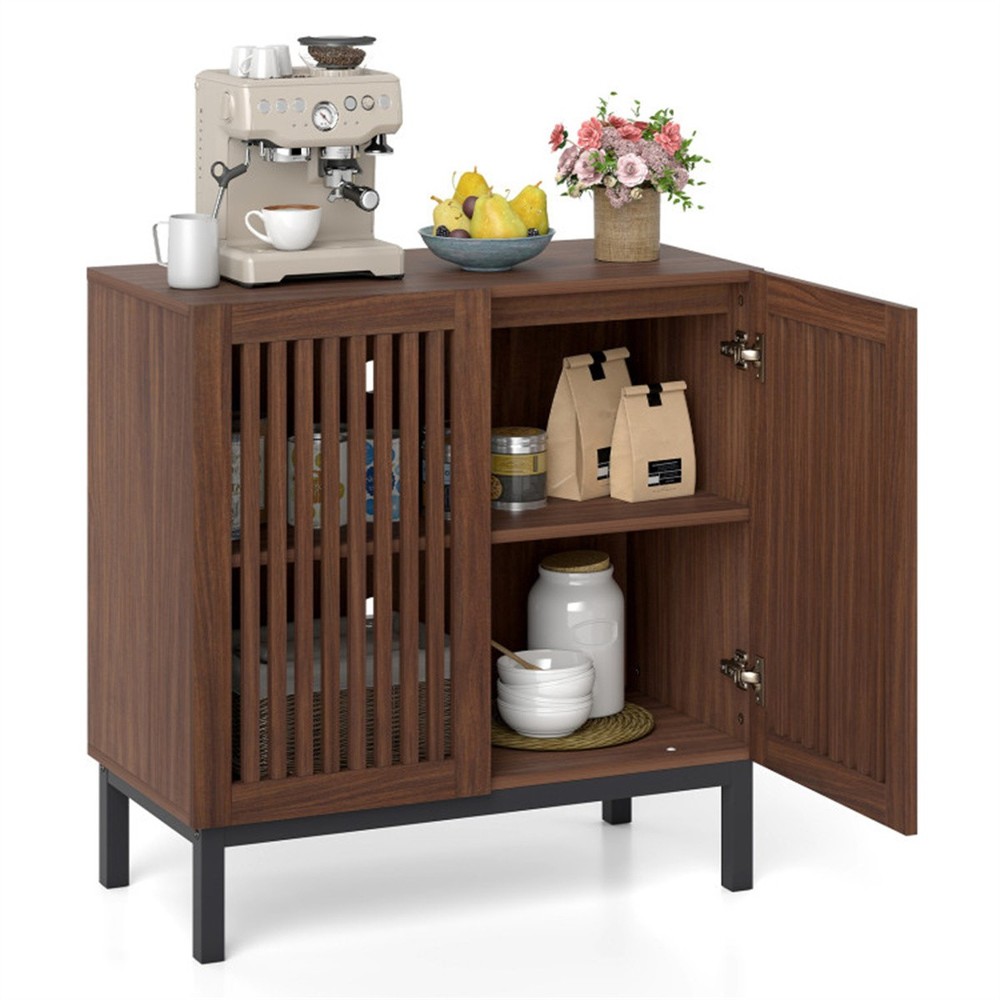 32" Farmhouse Sideboard Buffet Cabinet 2 Doors Adjustable Shelf Walnut Black
