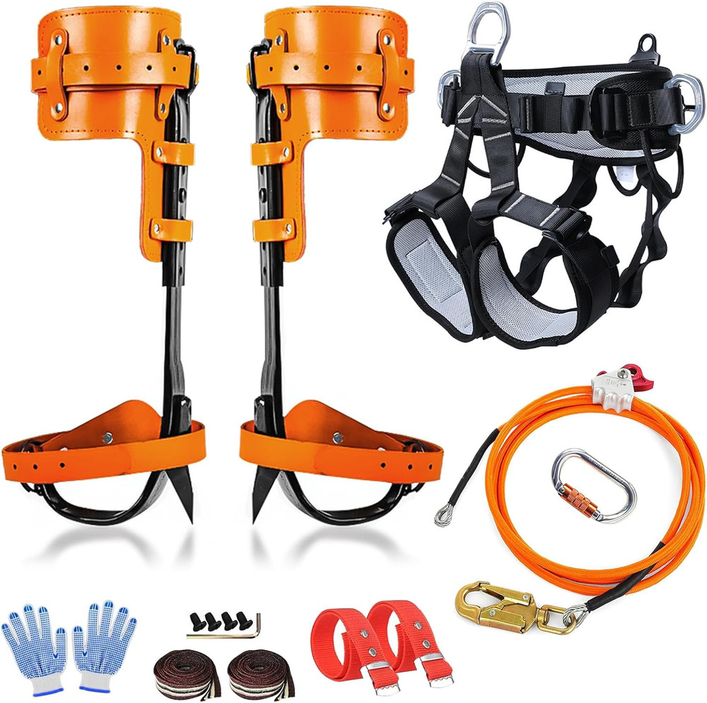 Adjustable Tree Climbing Gear with Spikes, Straps & Triple Lock Lanyard