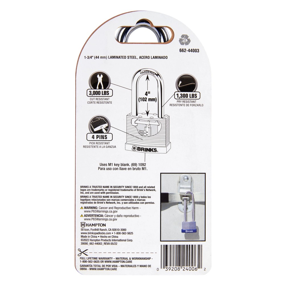 Brinks Laminated Steel 44mm Keyed Padlock with 4in Shackle
