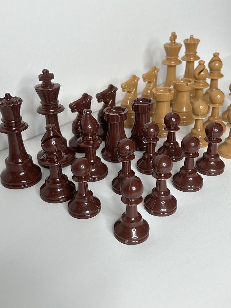 Chess Pieces 32 Complete Brown Tan Plastic Vintage Set No Board
