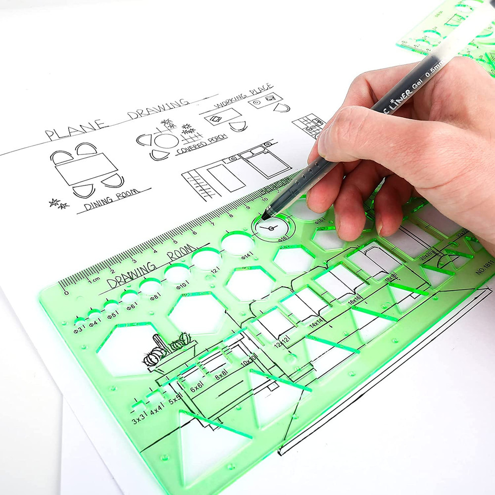 11PCS Geometric Drawings Templates Drafting Stencils Measuring Tools Plastic