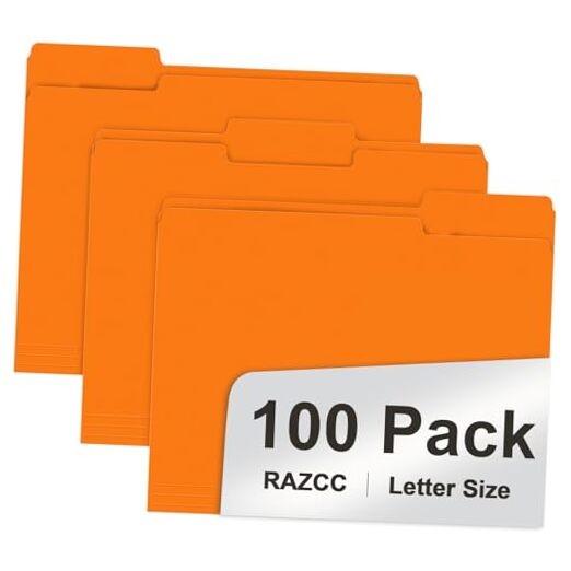 File Folder,  100 Pack 1/3 Cut Tab File Folders Letter Size, Folders Orange