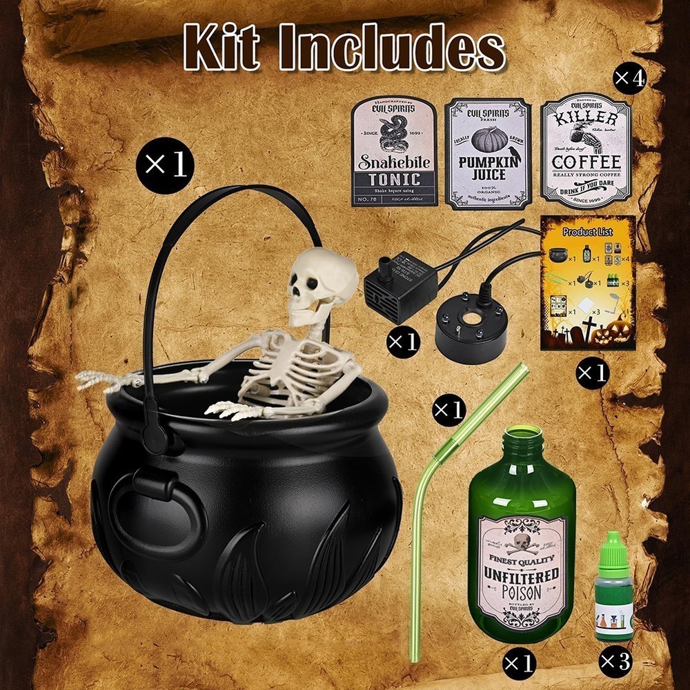 Cauldron Halloween Decor with Magic Floating Potion Bottles Diffuser Mist Maker