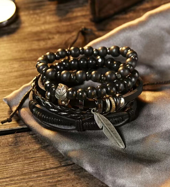 4 PC Unisex Leather Bracelet Stackable Adjustable Tie New Free Ship 7456