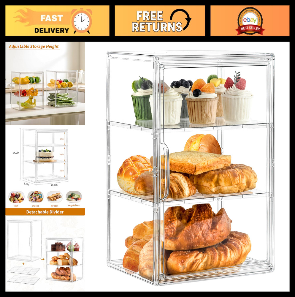 3-Tier Clear Bakery Display Case - Large Bread Box for Kitchen Countertop Storag