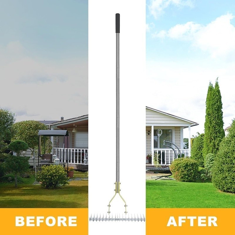 Adjustable Thatching Rake Garden Tool Steel Tines Double Sided Dethatcher New
