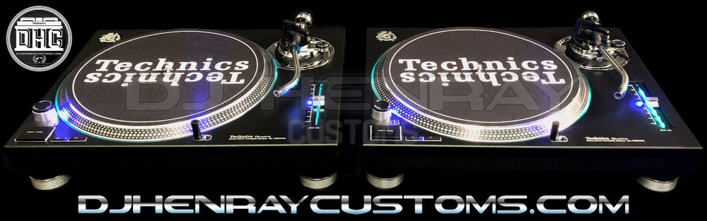2 custom Matte black & chrome Technics SL 1200 mk2's blue leds laser etch logos