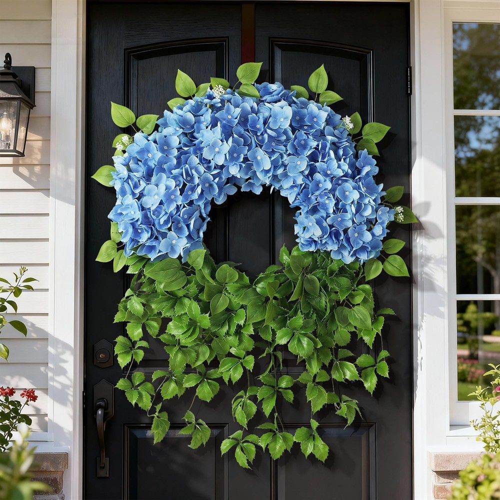 Artificial Hydrangea Wreath for Front Door Outside - Fake Hydrangea Real Touc...