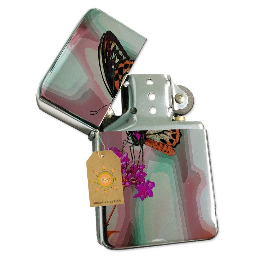 Butterfly Flowers Pocket Lighter Silver Refillable