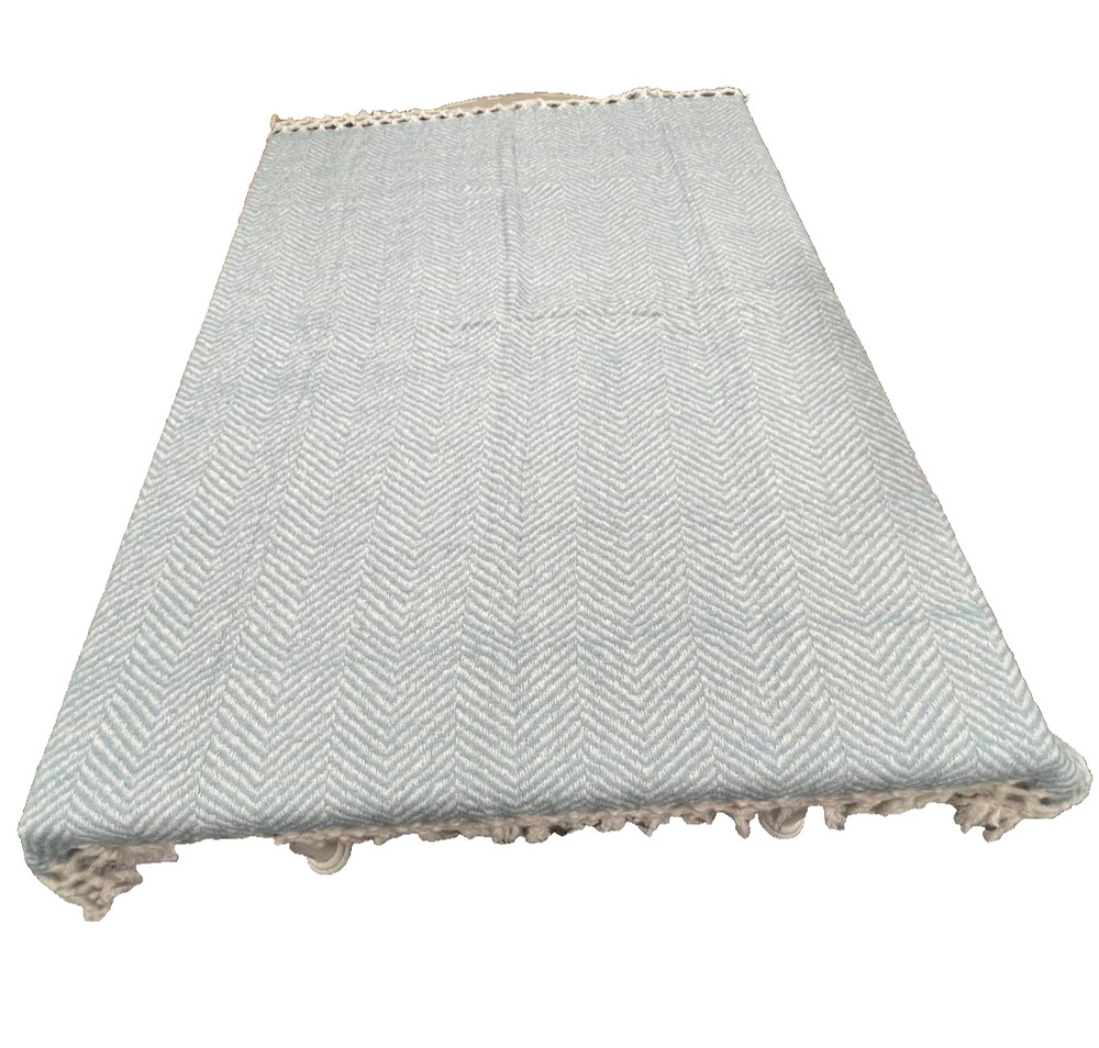New Soft Throw Blanket Light Blue & White Herringbone Pattern with Tassel BLU-9