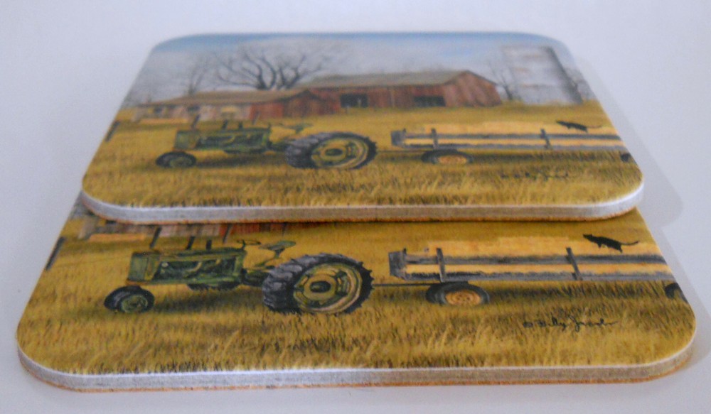 Leanin Tree 2 PACK COASTER set,OLD BARN,FARM, GREEN TRACTOR, CAT, Cork Back, USA