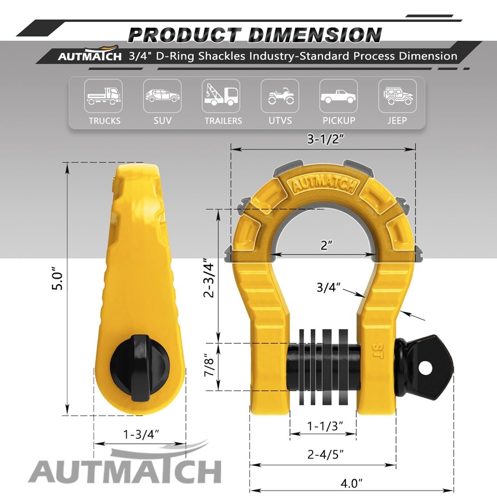 AUTMATCH D Ring Shackles 3/4" Mega D-Ring Shackles, Yellow & Black