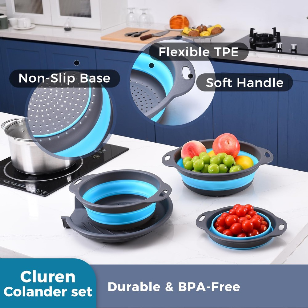 Collapsible Colander Set 3 Pack Foldable Strainers Gray-Blue Space Saving Base
