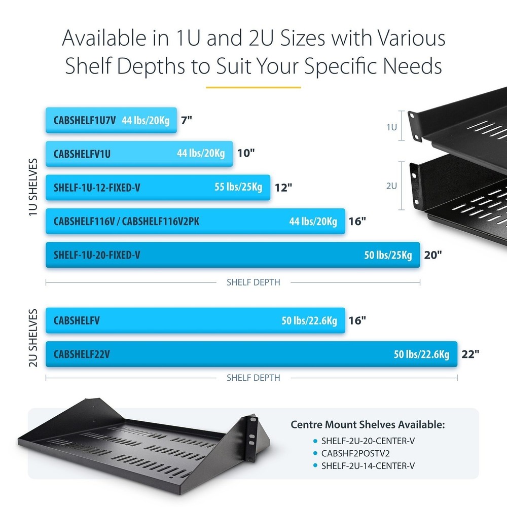 StarTech.com CABSHELFV 2U 16in Vented Fixed Rack Shelf 50lbs Max Capacity