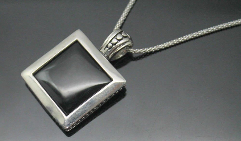 STYLISH SQUARE SHAPED GENUINE BLACK ONYX TWO SIDED STERLING SILVER 20" NECKLACE