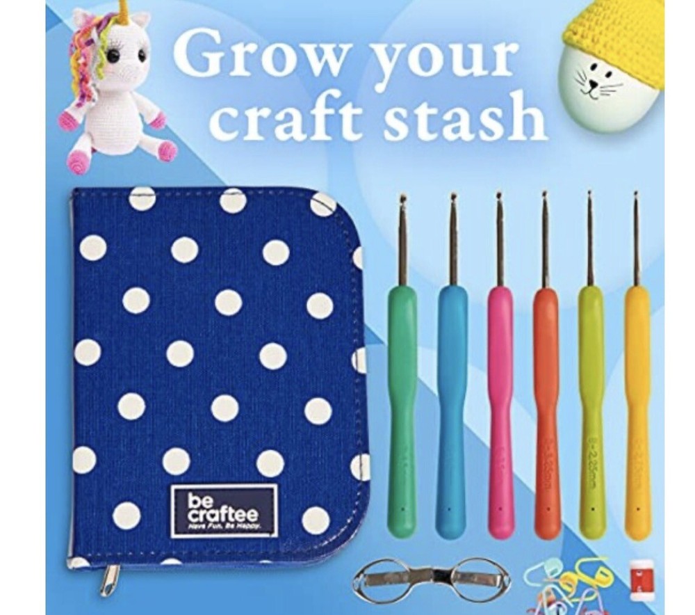 Crochet Kit, Be Craftee Zip Holder, 9 Ergonomic Hooks Plus Accessories