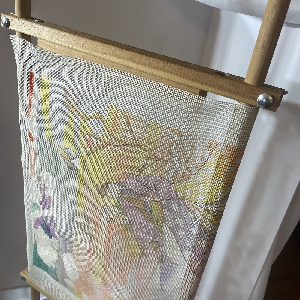 Rare, Needlepoint tapestry 'in process project' stretch scroll frame Asian
