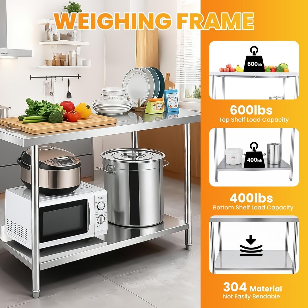 Stainless Steel Work Table 48"/72" Prep Worktable Workbench for Kitchen Garage