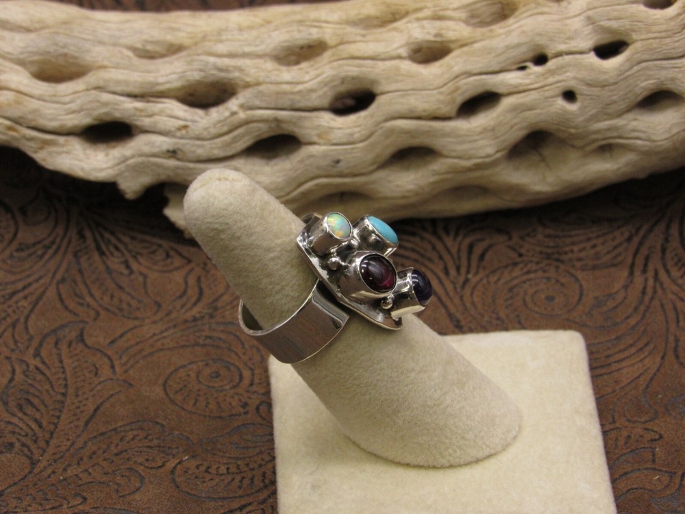 Adjustable Sterling Silver Multi Stone Ring Size 7+