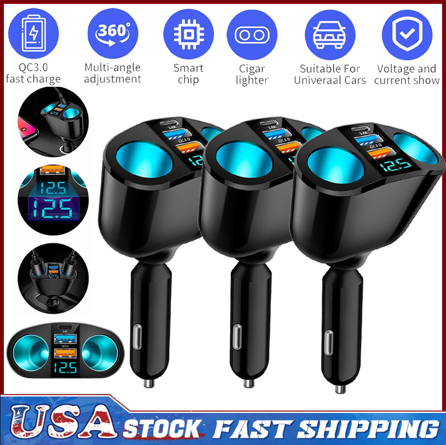 1-3PCS Dual USB Car Cigarette Lighter Socket Splitter Power Adapter Charger 12V