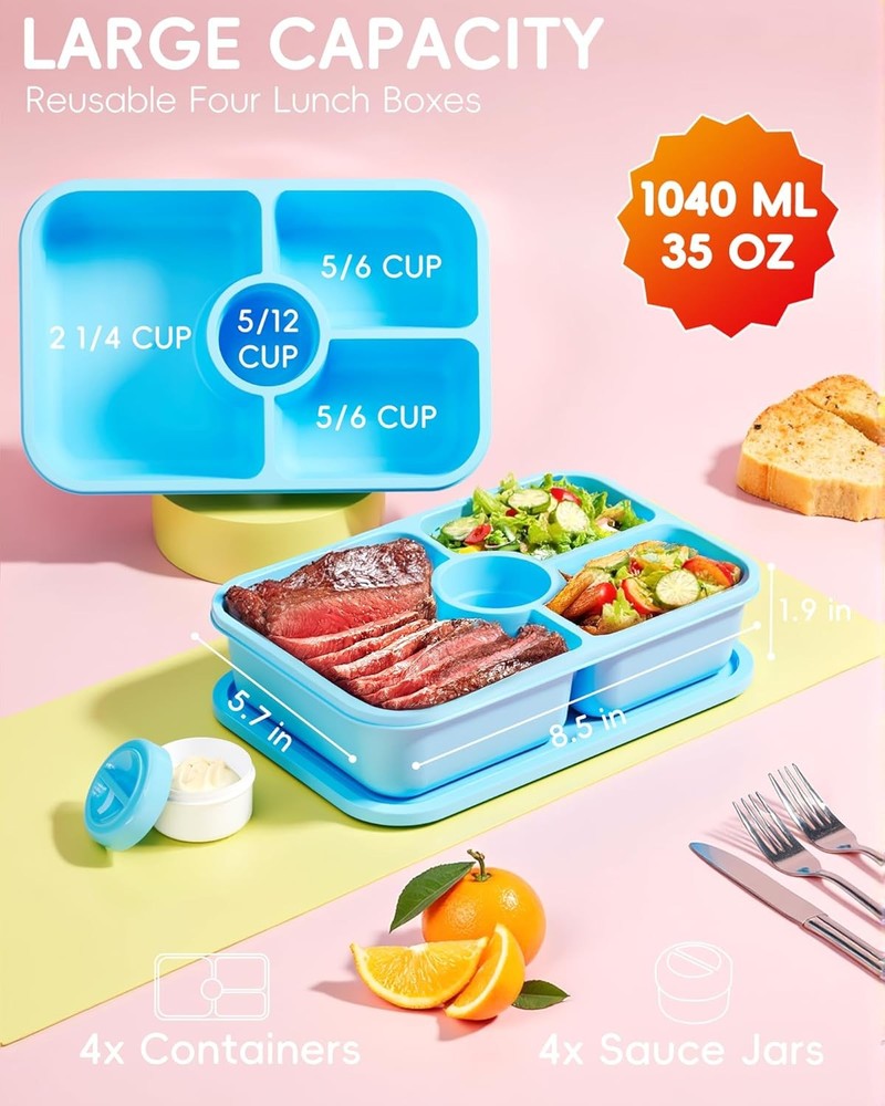 4 Pcs Bento Snack Box Containers, 4 Compartment Divided Stackable Food Storage C