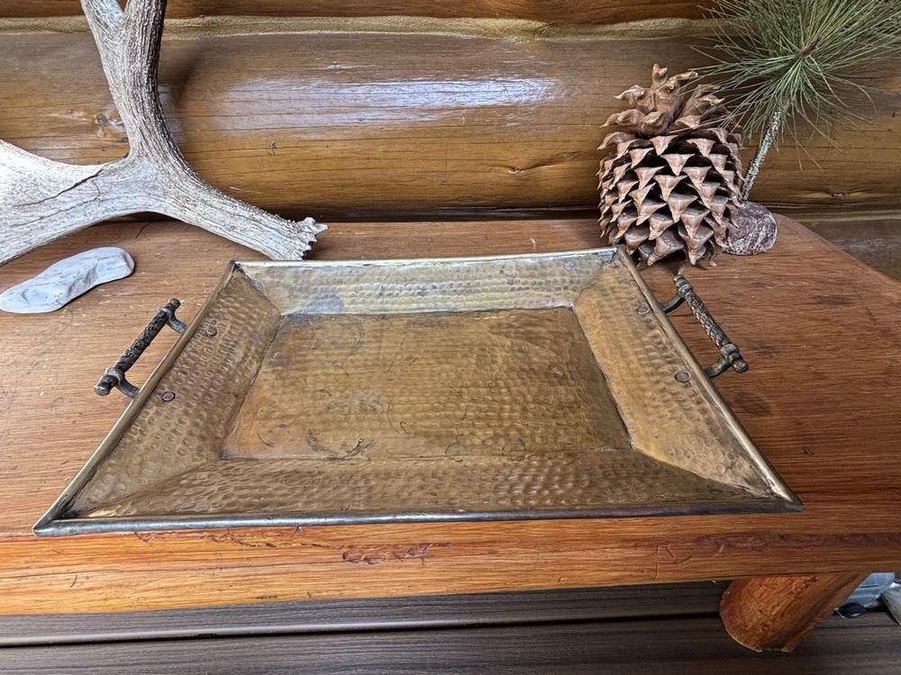 Large Vintage Rectangular Hammered BRASS Serving Tray INDIA Handles 18” X 13”