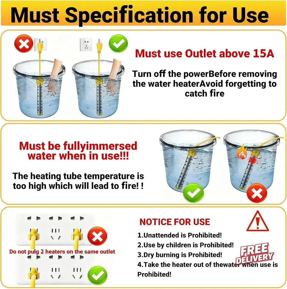 Immersion Water Heater Electric, Portable Bucket Heater with 304 Stainless Steel