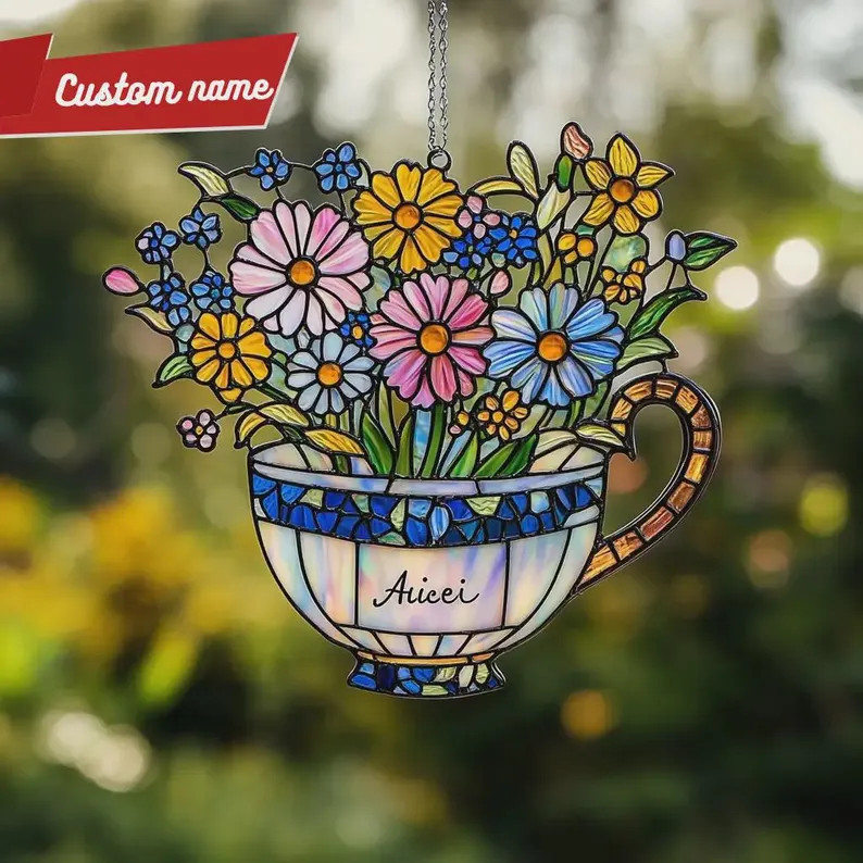 Personalized Flower Teacup Suncatcher Acrylic Decor Gift