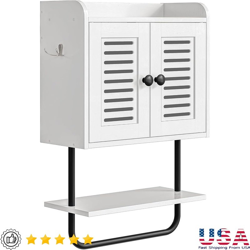 Wall Mounted Bathroom Storage Cabinet Adjustable Shelf Hooks Shutter Design New