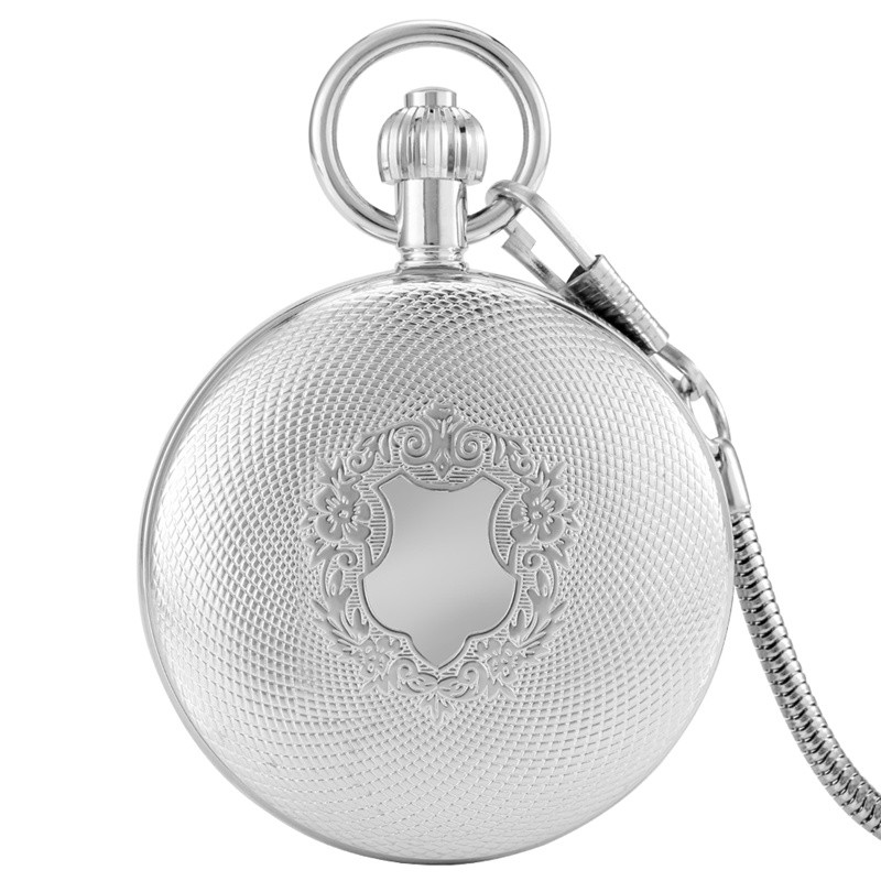 Silver Copper Automatic Pocket Watch Engraved Case Arabic Dial Unisex with Chain