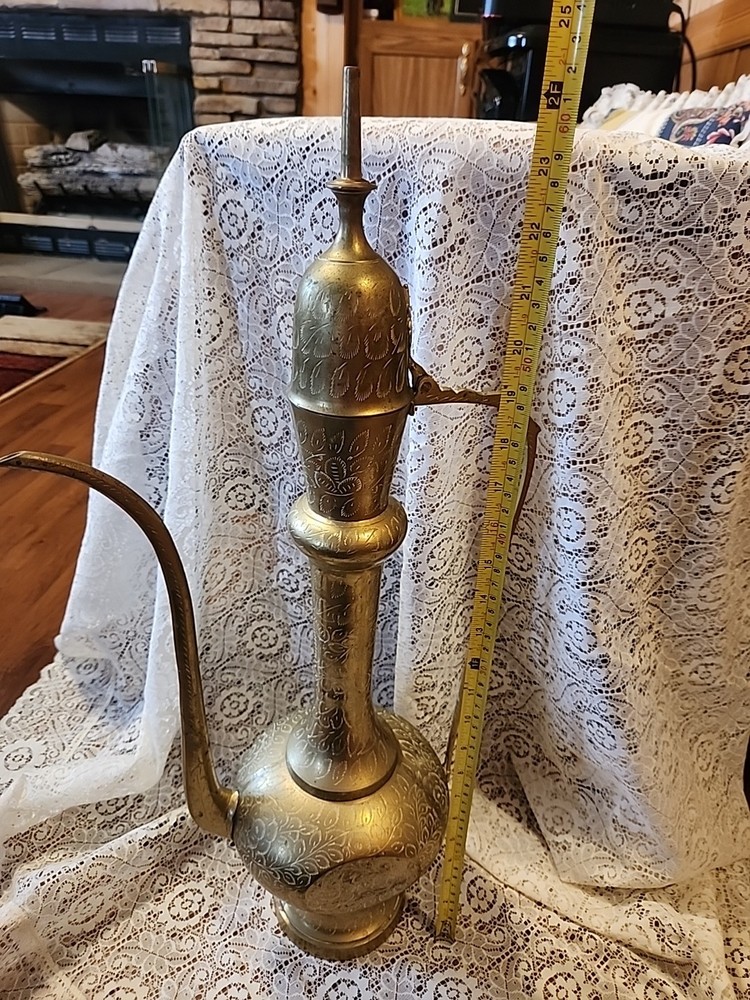 Large Etched Antique Middle Eastern Solid Brass Tea Coffee Pot Pitcher Vase 18IN