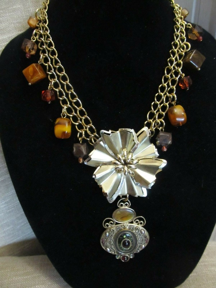 Vintage Dimensional Flower & Medallion Statement Necklace-A Repurposed Original
