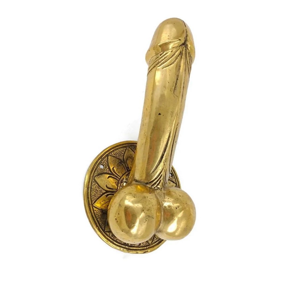 PENIS erect DOOR PULL HOOK medium heavy aged brass 7 " handle shop display