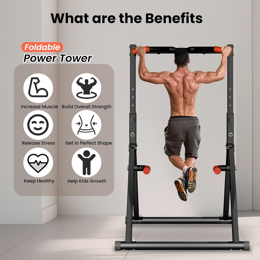 Power Tower Pull up Dip Station Foldable, Pull up Bar Station Adjustable, Multi-
