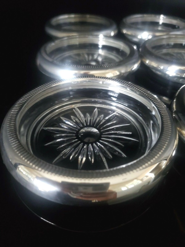 Vintage Crown Sterling Silver Crystal Coasters 6 pc Set Superb Condition