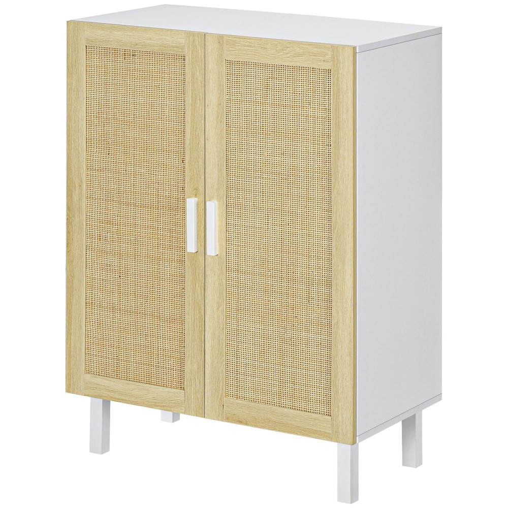 Kitchen Sideboard with 2 Rattan Doors & Adjustable Shelves, White