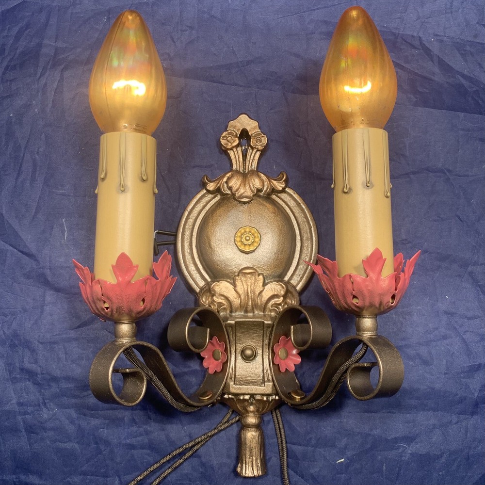 Pair Quality antique polychrome finish Sconces Nice! Rewired 9C