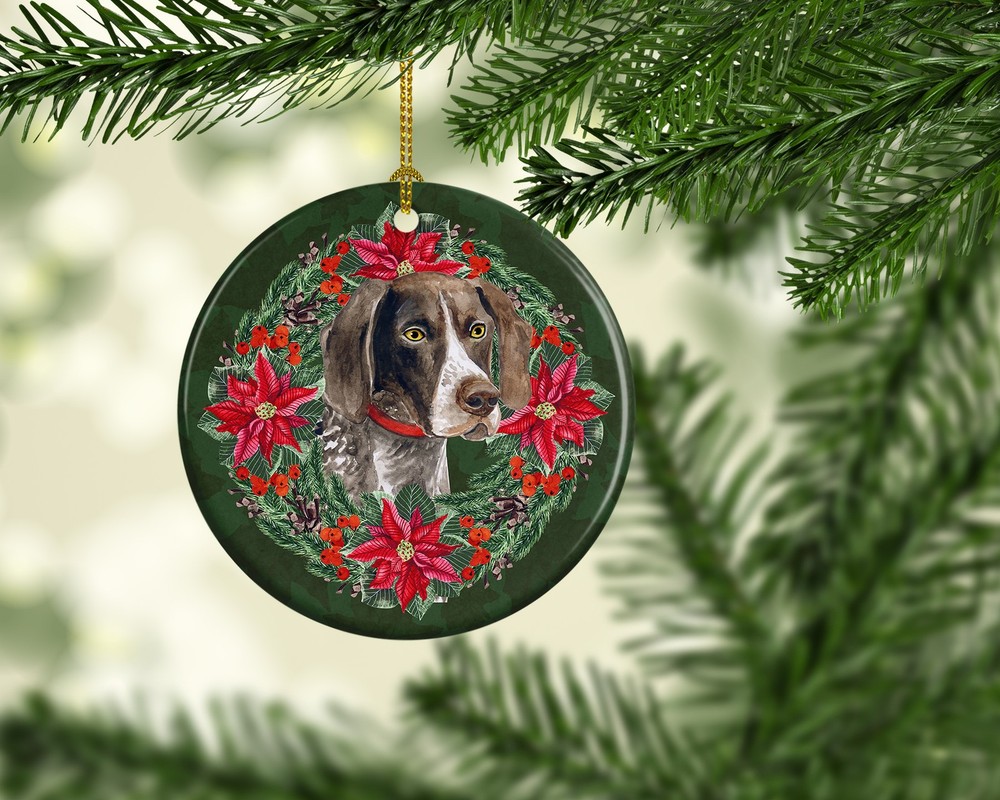 German Shorthaired Pointer Poinsetta Wreath Ceramic Ornament CK1507CO1