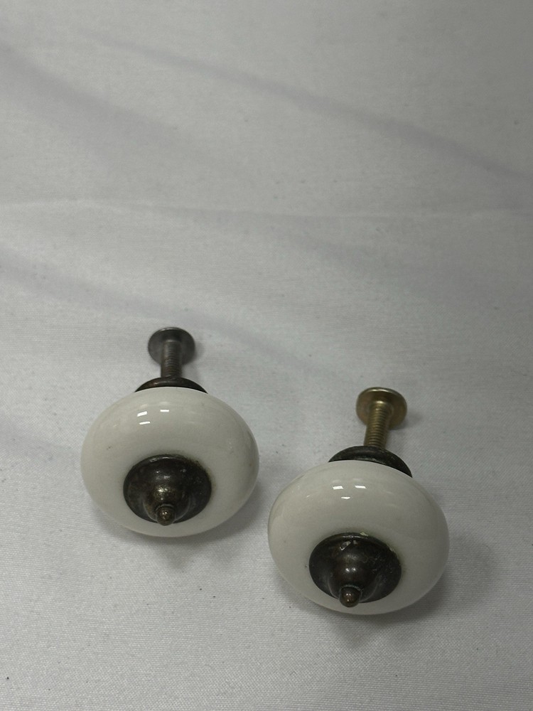 Vintage White Ceramic Drawer Pulls (Set of 2) Antique Brass Hardware Knobs